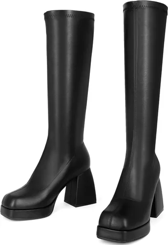 Vista 3 de Botas de cuero negro con plataforma para mujer, botas de tacón grueso con punta cuadrada
