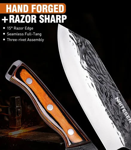 Vista 6 de Naitesen 4 piezas de cuchillo de carnicero forjado a mano y cuchillo de cocina 2 en 1, juego de cuchillo de chef serbio resistente para carne