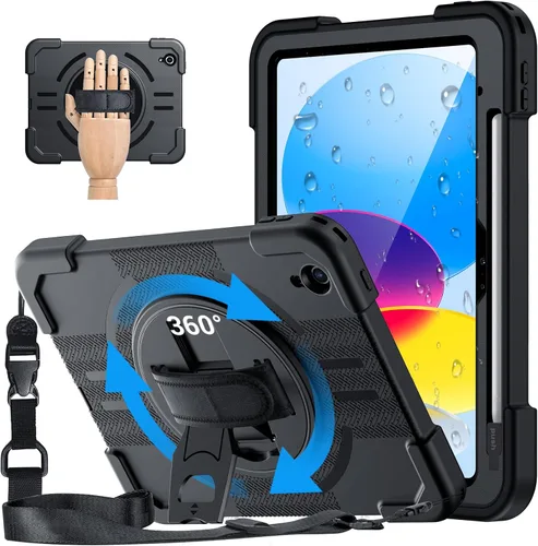 Vista 12 de Funda para iPad de 9ª generación de 10.2 pulgadas, grado militar, a prueba de caídas IP68, impermeable, con protector de pantalla, soporte y correa