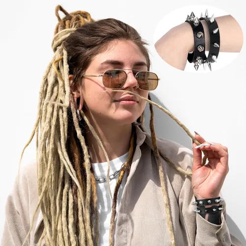 Vista 4 de Telooco 2 pulseras de espigas ajustables con tachuelas, pulseras emo negras con cierre seguro para Halloween, punk, regalo de padre