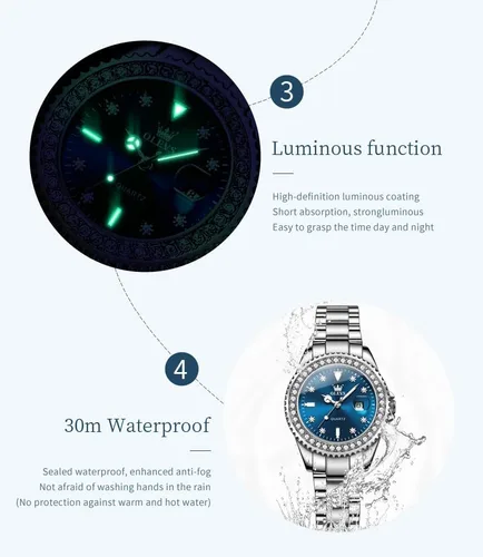 Vista 6 de Relojes OLEVS para Mujer con Diamantes y Fecha, de Lujo, de Cuero, Impermeable, de Pulsera, Reloj Analógico de Vestir, de Acero Inoxidable