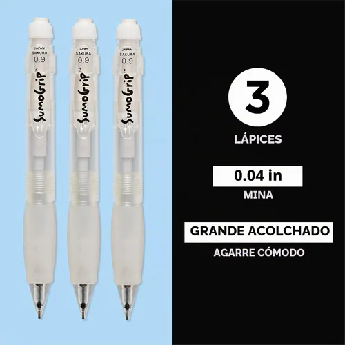 Vista 2 de SAKURA SumoGrip Lápiz con Agarre Cómodo - Lápiz Mecánico Ergonómico de 0.9 mm - Transparente - Paquete de 3