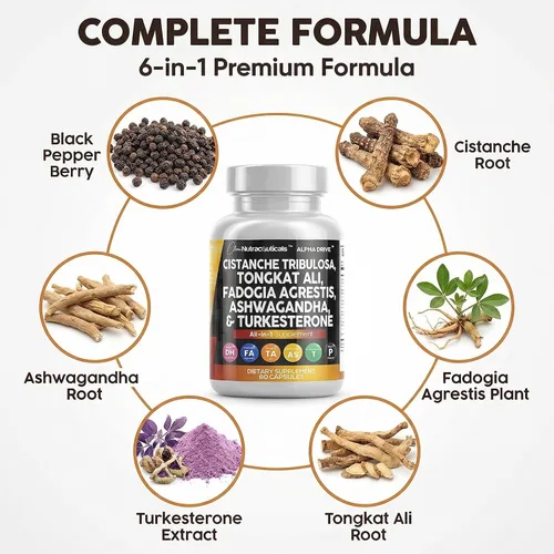 Vista 4 de Cistanche Fadogia Agrestis Tongkat Ali Suplemento para hombres – Cápsulas de turkesterona Ashwagandha con pimienta negra Energy Vitality