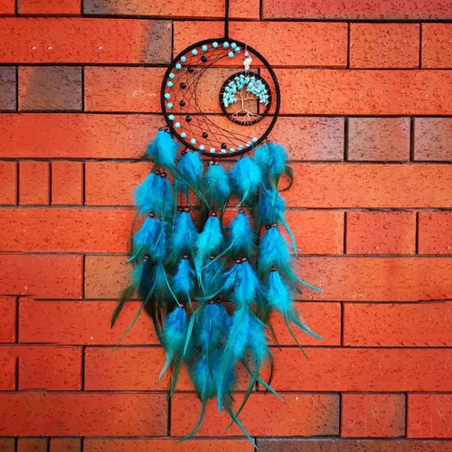 Vista 8 de Atrapasueños azul cian, atrapasueños árbol de la vida, decoración de pared para dormitorio, atrapasueños hecho a mano con piedra de cristal Cian-azul