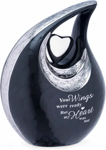 Vista 7 de Gran urna de lágrima negra con corazón plateado para cenizas humanas masculinas - Urnas para hombres y mujeres adultos - Urnas de cremación