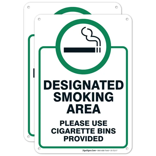 Vista 15 de Letrero designado para zona de fumar, letrero con texto en inglés "Please Use Cigarrette Bins Sign", 10 x 7 pulgadas, libre de óxido, aluminio 040