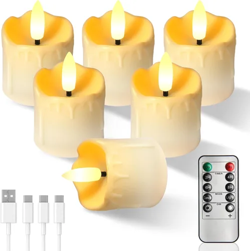 Vista 10 de Velas de té recargables sin llama con temporizador remoto, 1.5 x 2.2 pulgadas, velas votivas eléctricas falsas parpadeantes para aniversario, boda