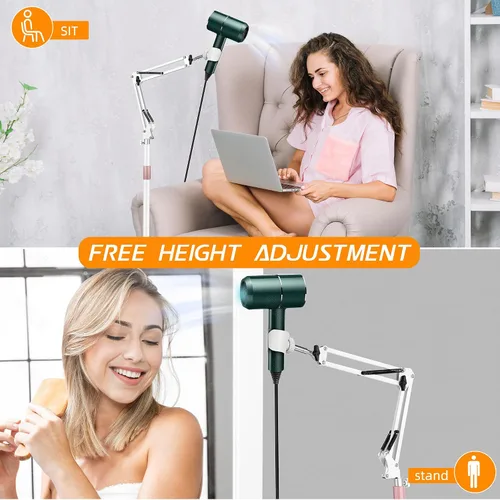 Vista 4 de Soporte para secadora de pelo, altura ajustable de 5.5 ft, soporte para secadora manos libres con base pesada, rotación de 360 grados, funciona