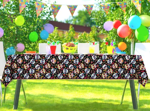 Vista 4 de Mantel de plástico con diseño de Día de los Muertos, diseño mexicano de calavera de azúcar, diseño de calavera de azúcar, impermeable, desechable