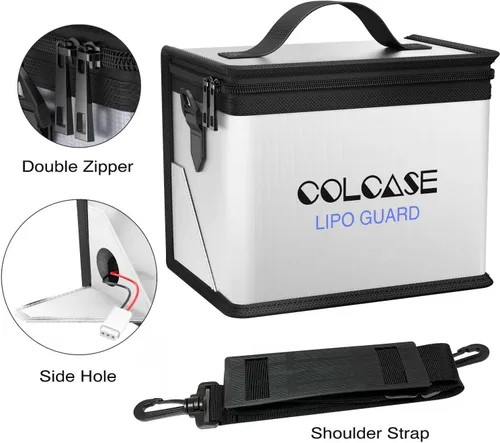 Vista 4 de Bolsa de seguridad ignífuga antiexplosión Colcase para batería Lipo, almacenamiento y carga, gran espacio, altamente resistente, bolsa doble cierre