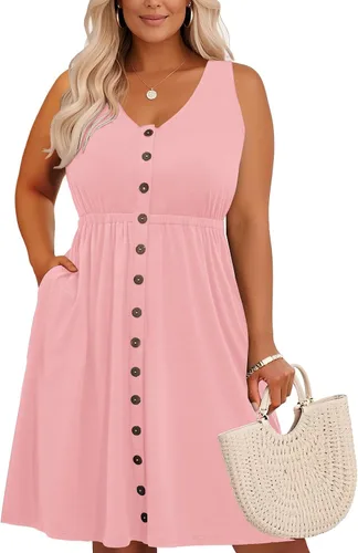 Vista 32 de Holipick Vestidos de verano para mujer, talla grande, casual, con bolsillos, acampanado, con botones, sin mangas, cuello en V