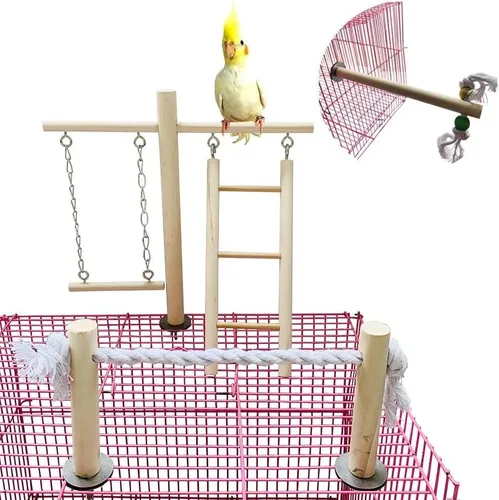 Vista 9 de PINVNBY Parque infantil para pájaros, loro, gimnasio, periquitos, jaula de juego, soporte de madera, perchas, corralito, escalar, juguete
