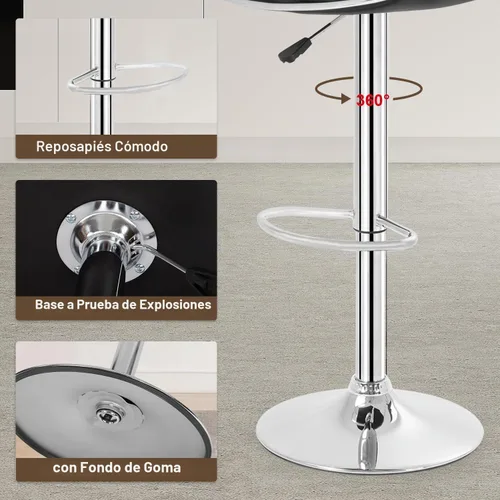 Vista 6 de Sillas giratorias taburetes de bar y modernas ajustable de piel sintética, conjunto de 2, Cuero, Negro