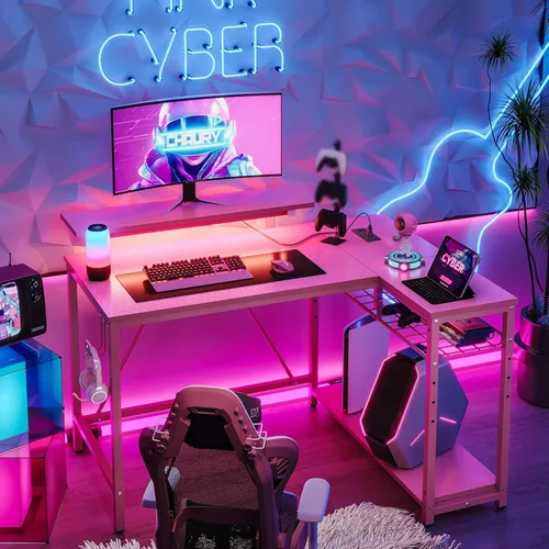 Vista 13 de Bestier - Escritorio de juegos con tomas de corriente, escritorio para computadora de 42 pulgadas en forma de L con luces LED, escritorio