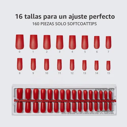 Vista 6 de BTArtboxnails Press On Nails, Long Square Red Fake Nails, 160Pcs A-L Square