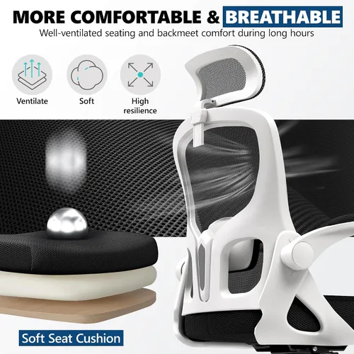 Vista 6 de Silla de oficina ergonómica, silla de escritorio de malla con reposacabezas ajustable y soporte lumbar, silla de computadora con ruedas con Blanco