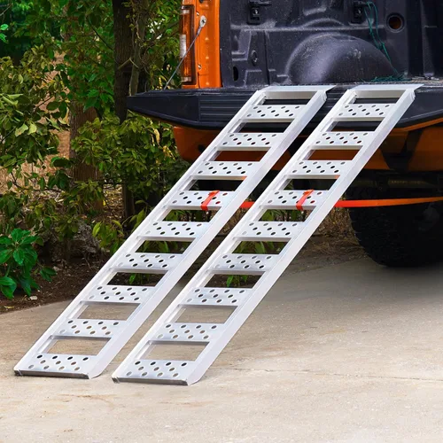 Vista 9 de VEVOR Rampas de aluminio, 1250 libras, rampa recta con peldaños y correas de carga, rampa de carga portátil para motocicletas, cuatrimotos