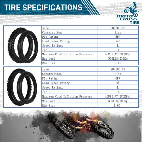 Vista 2 de Juego completo de neumático delantero 70/100-19 + tubo para bicicleta de tierra todoterreno motocross enduro USA STOCK