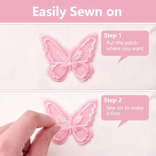 Vista 4 de Apliques de mariposa de encaje rosa para coser en parches de encaje de doble capa para accesorios de cabello de novia (rosa, 12 unidades)