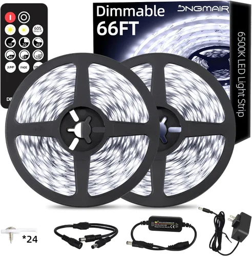 Vista 11 de Tira de luces LED de 20 pies con control remoto, 3000 K luces de cinta cálida y regulable, 12 V, 360 LED, 2835 luces adhesivas fuertes para armario