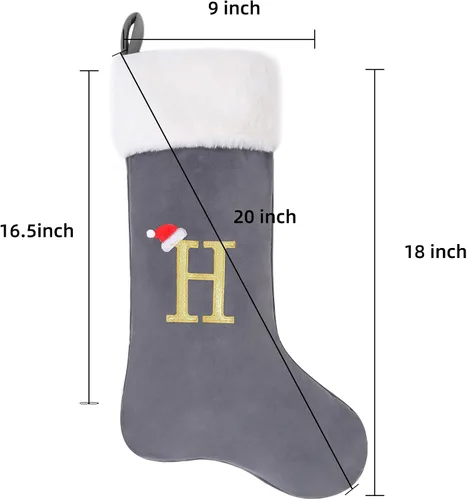 Vista 3 de Calcetines de Navidad bordados con letras de 20 pulgadas, terciopelo gris grueso con puño de felpa súper suave, decoración de festivales