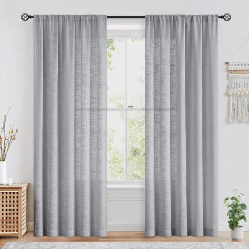 Vista 2 de FMFUNCTEX - Cortinas semitransparentes de lino gris para dormitorio y sala de estar, paneles de cortina gris de 213 cm de largo, cortinas de lino