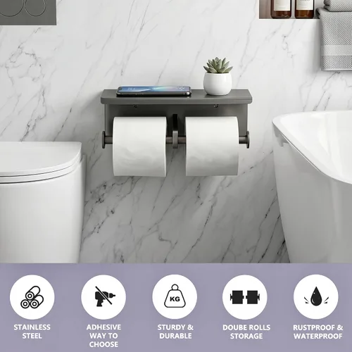 Vista 3 de Soporte de papel higiénico doble de acero inoxidable con estante de almacenamiento para teléfono (gris)