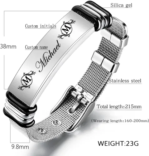 Vista 3 de Regalos para hombres, pulseras personalizadas para hombres con pulsera de fotos, texto grabado, acero inoxidable, pulseras de identificación