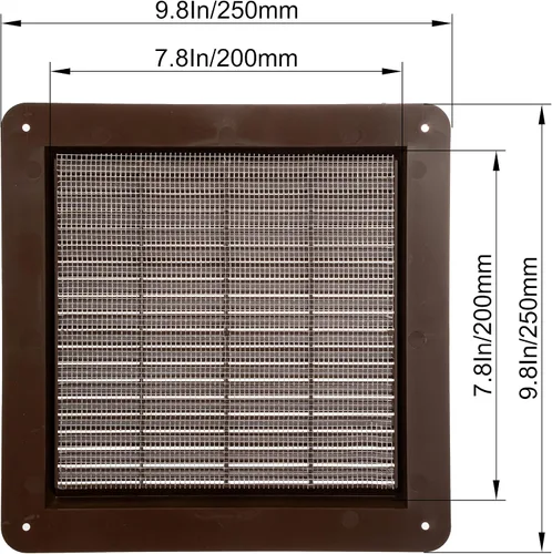 Vista 5 de Rejilla de ventilación cuadrada marrón, medida interior de 8 x 8 pulgadas, malla protectora y tornillos incluidos. Registro de ventilación