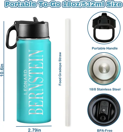 Vista 3 de PUREFLY Se envía desde Estados Unidos, Botella de agua personalizada para niños y adultos con nombre grabado, Botella de agua deportiva de acero