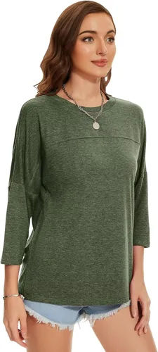 Vista 24 de ZENNILO Camisetas casuales de manga 3/4 para mujer, holgadas, cuello redondo, lindas camisetas básicas