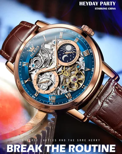 Vista 2 de OLEVS Relojes automáticos para hombre, esqueleto Tourbillon, cuerda automática, mecánica, correa de cuero auténtico, reloj de pulsera de lujo, sol