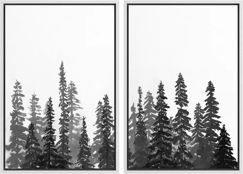 Vista 101 de SIGNWIN Lienzo enmarcado para pared, juego de arte con anillos de árbol de bosque grunge en blanco y negro, ilustraciones de naturaleza silvestre