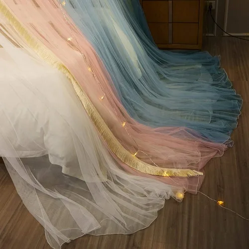 Vista 4 de VETHIN - Dosel de cama de princesa para niñas, cortina de dosel de cama de doble capa con malla transparente, mosquitero de princesa con encaje