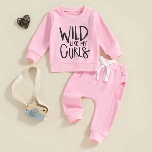 Vista 3 de Molgkyo Conjunto de ropa para bebé niña pequeña, sudadera de manga larga con estampado de letras, sudadera y pantalones deportivos para otoño e