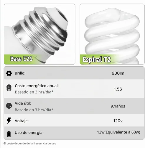 Vista 3 de CFL - Bombillas fluorescentes compactas con base E26, espiral T2 de 13 vatios (equivalente a 60 vatios), color blanco suave, 2700 K, 900 lm