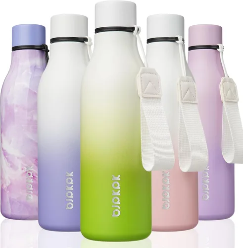 Vista 9 de BJPKPK Botellas de agua aisladas, botella de agua de metal de acero inoxidable de 12 onzas con correa, sin BPA a prueba de fugas, jarras, tazas