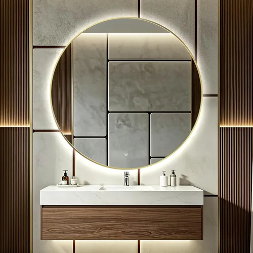 Vista 16 de Espejo de Baño LED Redondo de 24", Espejo de Tocador Retroiluminado Montado en Pared con Marco Biselado de 45°, Espejo Iluminado para Dormitorio