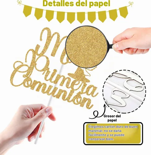 Vista 5 de Mi Primera - Decoración para tartas de comunión, decoración de pastel de la primera comunión española, suministros de decoración de fiesta de Dorado