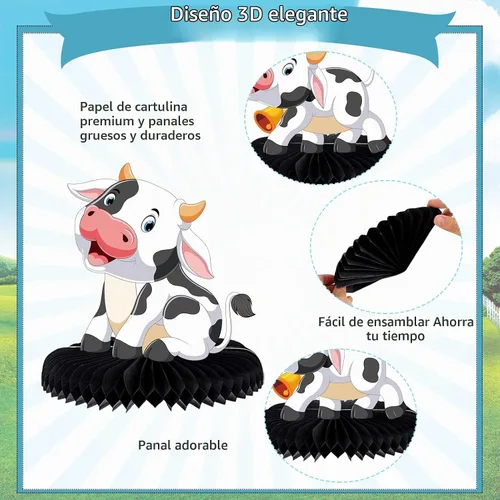 Vista 3 de 9 piezas de centros de mesa de panal de vaca de animales de granja, decoración de mesa 3D de panal de abeja, abanicos de papel de granero, recortes