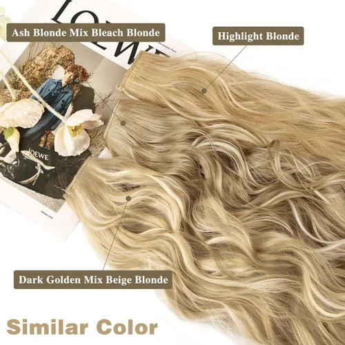 Vista 4 de WECAN Extensión de cabello con clip, de 20 pulgadas, mezcla de rubio ceniza y rubio decolorado, 6 piezas, extensiones de cabello largo ondulado