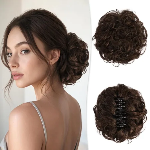 Vista 34 de RUWISS Extensiones de cabello humano real, ondulado y rizado, moño despeinado, cola de caballo para mujer (12H24# castaño rojo/rubio mediano)