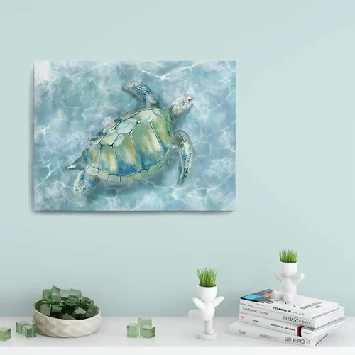 Vista 2 de YJYart Decoración de pared de baño, diseño de tortuga marina HD en lienzo, arte de pared para dormitorio, cocina, decoración de habitación costera