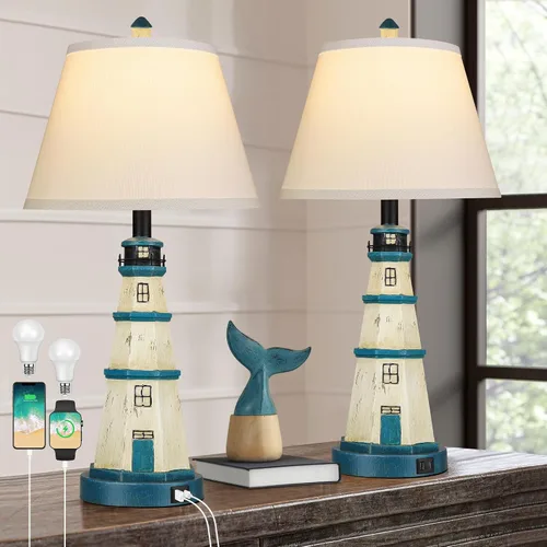 Vista 7 de WIHTU Juego de 2 lámparas de mesa modernas de faro, lámpara de mesa náutica blanca y azul marino, luces de lectura de resina de estilo náutico