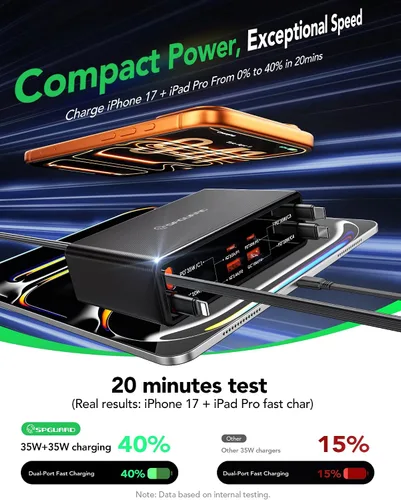 Vista 9 de Cargador retráctil 8 en 1 para múltiples dispositivos, estación de carga de 105 W con cables retráctiles, cargador USB C enchufe de pared GaN Usbc