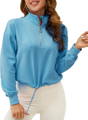 Vista 2 de SILKWORLD Sudadera recortada de otoño con media cremallera y panel de canalé para mujer, con bolsillos para adolescentes y niñas