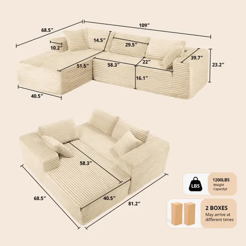 Vista 2 de COMHOMA - Sofá seccional modular de 105" con asiento profundo, sofá en forma de L tapizado en nube, brazos anchos, tela de corduroy, chaise lounge