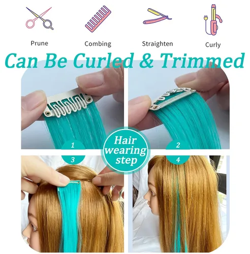 Vista 4 de Extensiones de cabello con clip de colores, 8 piezas de cabello sintético liso con reflejos azules y verde azulado