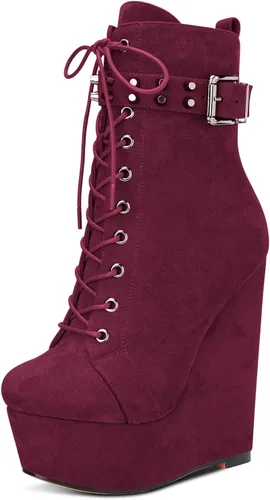 Vista 22 de HDEUOLM Botas de tobillo con tacón de plataforma de cuña alta para mujer, botines cortos con cordones y cremallera Negro