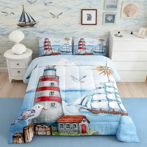 Vista 11 de Juego de edredón Lake House tamaño Twin, juego de ropa de cama náutica de navegación con ancla de 2 piezas para decoración de habitación de niños